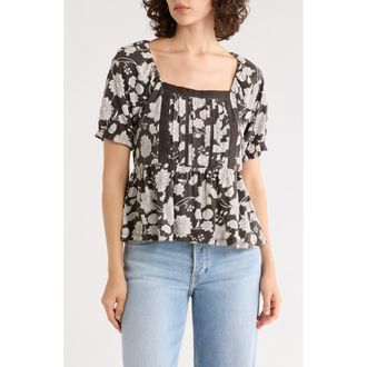 Lucky Brand Short Sleeve Pintuck Trim Top in Black Multi at Nordstrom Rack, Size X-Large