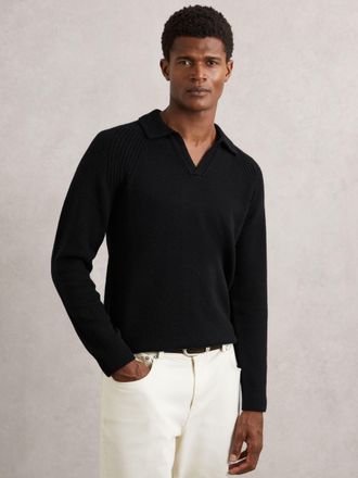 Reiss Black Wool-cashmere Open-collar Jumper, XL