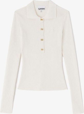Ganni White Fine Sequin Knitted Polo - Size XXS