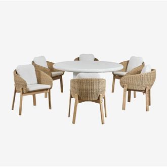 Sklum Sklum - Set de mesa redonda Ø140 cm en cemento Namara y 6 sillas de comedor en madera de acacia Leilan