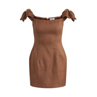 Elisabetta Franchi Short Dresses, female, Brown, Size: XL Linen Blend Mini Dress