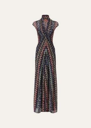 Missoni Plunging Twisted Metallic Lace Knit Maxi Dress