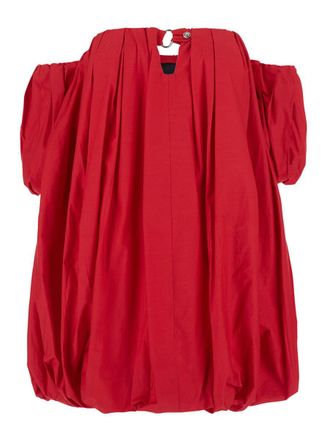 Pinko Bert Red Dress With Exposed Shoulder Design And Removable Sleeves With Button In Cotton Woman