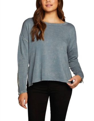 Chaser Slub French Terry Long Sleeve Open Neck Pullover With Zippers In Denim Mineral Wash