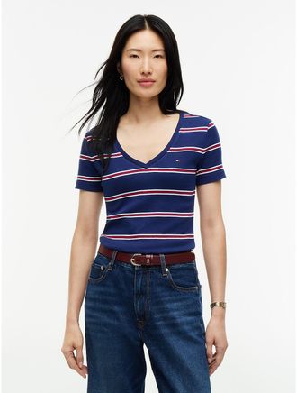 Tommy Hilfiger Womens Slim Fit Striped V-Neck Favorite T-Shirt - Preppy Navy - XXL