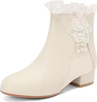 Generic Womens Ankle Boots Round Toe Chunky Block Heels Lace Ruffle Pearl Flower Decor Comfortable Non-Slip Wear-Resistant for Tea Party Lolita Outfit Casual 