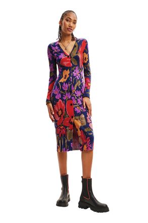 Desigual Delaware Fitted Floral Ribbed Knit Dress 23WWVF13 Multicoloured