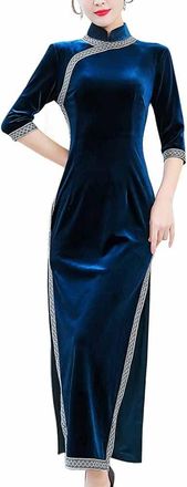 Generic Women Elegant Velour Maxi Cheongsam Half Sleeve Side Slit Bodycon Slim Fit Ankle Length Chinese Qipao Party Dress (18-Blue, L)