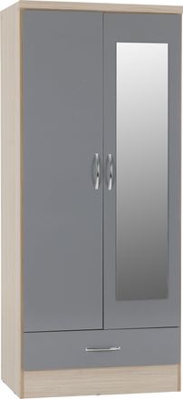 Seconique NEVADA MIRRORED 2 DOOR WARDROBE - GREY GLOSS/LIGHT OAK EFFECT VENEER - SECONIQUE | TJ Hughes