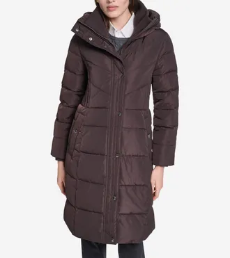 Cole Haan Womens Taffeta Down Coat with Knit Collar - Brown Size Medium