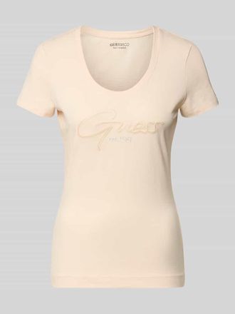 Guess T-Shirt mit U-Ausschnitt Modell SCRIPT in Koralle, Gr&ouml;&szlig;e XL