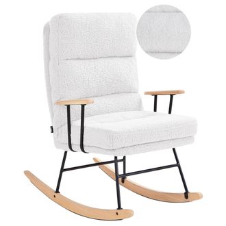 Beliani Mecedora De Boucl&eacute; Tapicer&iacute;a De Borreguito Respaldo Reclinable Patas De Metal Y Madera De Caucho Respaldo Sala De Estar Blanco Crema Eskelin