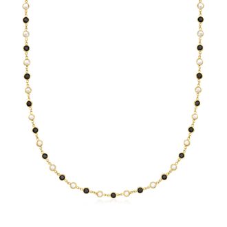 Ross-Simons Bezel-Set Onyx and 4mm Cultured Pearl Necklace in 18kt Gold Over Sterling