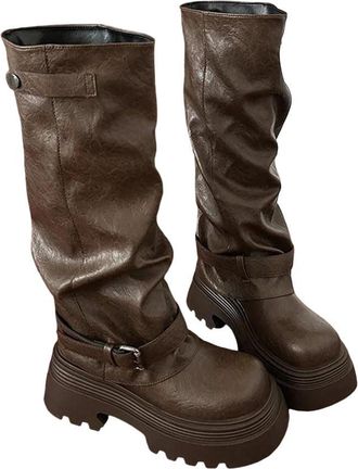 Generic Womens Vintage Belt Buckle Knee High Boots Thick Bottom Slip On Style Long Booties Fashion Footwear