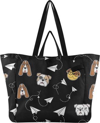 Generic Bulldog Plants Black print Reusable Canvas Tote Bag, Heavy Duty Grocery Shopping Bag with Large Capacity Hard Bottom Double Handles Work Groceries Tra