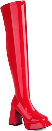 Generic Womens Stretch Thigh High Boots Platform Square Toe Chunky Block Heels Side Zipper Wide Calf Fashion Performance shoes (7.5,Red)