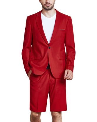 Mys Mens 2 Piece Slim Fit Suit, One Button Blazer and Short Pants Set with Tie Red, Red, L