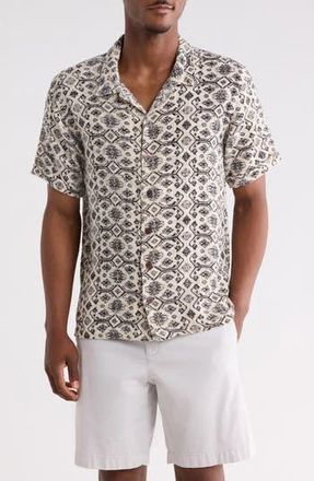 Raga Man Mahendra Short Sleeve Cotton & Silk Blend Button-Up Camp Shirt Shirt in Black/White Multi at Nordstrom Rack, Size Xx-Large