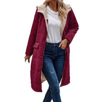 Generic HOOUDO Winter Coats for Women UK Warm Fleece Lined Overcoat Outerwear Full Zip Hooded Long Jackets Ladies Long Sleeve Down Jacket Longline Padded Puff