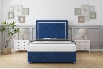 Comfort Beds Sofia Chrome Plush Divan Set 4 Drawers-54 Headboard-Footboard in Navy | Size: Small Double