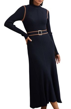 Reiss Ella Belted Long Sleeve Rib Wool & Cashmere Maxi Dress in Navy/Camel at Nordstrom, Size Large