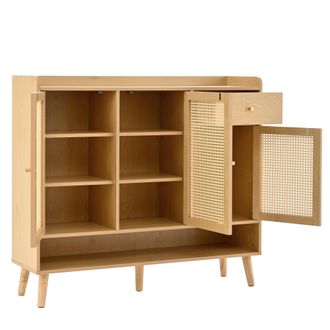 STILVORA Mueble Zapatero Con 3 Puertas Y 1 Caj&oacute;n, Estantes M&uacute;ltiples, Rat&aacute;n Natural, De Tablero De Part&iacute;culas, 120&times;35&times;106 Cm, Natural
