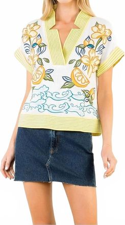 THML Clothing V-Neck Embroidered Top In Cream/lime