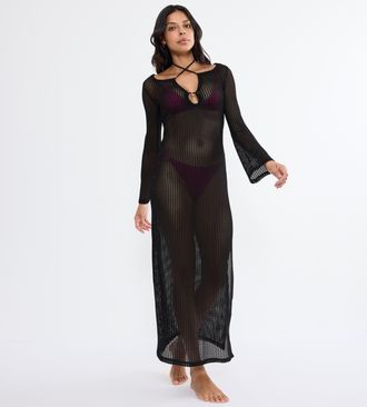 Triumph Strandkleid TRIUMPH Beach MyWear Crochet Long Dress LSL, Damen, Gr. 36, N-Gr, schwarz, Strick, Obermaterial: 95% Polyester, 5% Elasthan, Kleider Stran