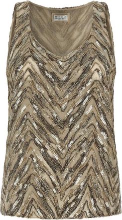 Brunello Cucinelli Dazzling Chevron Borduur Top - Dames - Tops zonder mouwen - Beige - 2XL - Pailletten - Tops