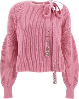 Des_Phemmes Pink Cropped Pearl Crystal Wool-Cashmere Sweater