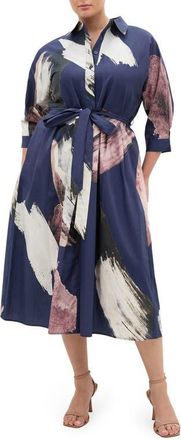 City Chic Angel Brushstroke Belted Cotton Shirtdress in Navy Modern Muse at Nordstrom, Size Xxxs