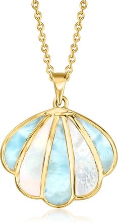 Ross-Simons Mother-Of-Pearl and Larimar Seashell Pendant Necklace in 18kt Gold Over Sterling