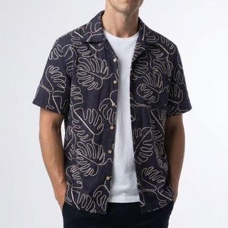 Surfside Supply Co. Mariner All Over Leaf Embroidery Camp Collar Shirt in Navy Blazer at Nordstrom, Size X-Large