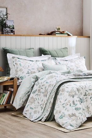 Christy Kew Floral Stripe Reversible Cotton Sateen Duvet Cover Set in Aqua | Size: Super King