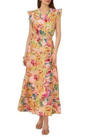 Halogen Ruffle Cap Sleeve Tiered Maxi Dress in Lucent White/pink Orange Multi at Nordstrom Rack, Size X-Small