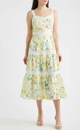 ZOE AND CLAIRE Print Lace Trim Sleeveless Midi Dress in Yellow Multi at Nordstrom, Size X-Large