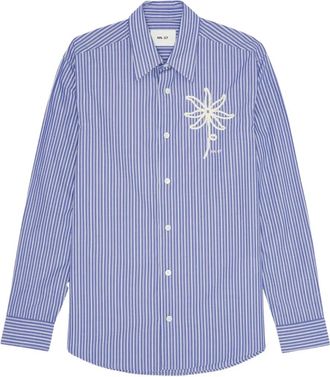 Nn.07 Gestreept overhemd met geborduurde bloem - Blauw