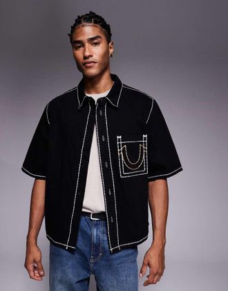 True Religion Camicia super oversize in denim indaco scuro-Blu