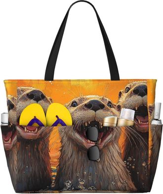 Generic Cute Otter Print Large Beach Bag Foldable Travel Shoulder Tote Bag With Pocket For Weekender Pool Vacation