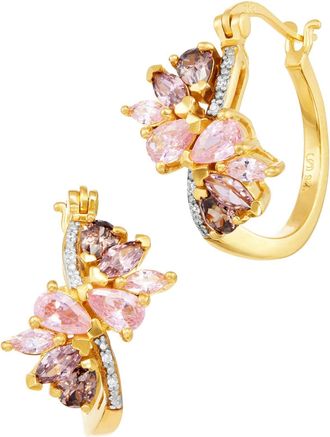Savvy Cie Jewels GOLD PLATED OVER STERLING SILVER TWIST DUSTY ROSE MULTI CZ HOOP EARRINGS