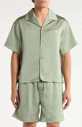 Honor The Gift Satin Logo Embroidered Button-Up Camp Shirt in Sage at Nordstrom, Size Xx-Large