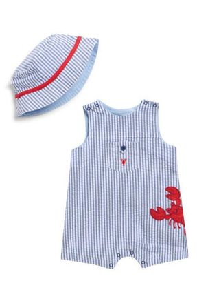 Little Me Lobster Detail Cotton Seersucker Shortalls & Hat Set in Navy at Nordstrom, Size 12M