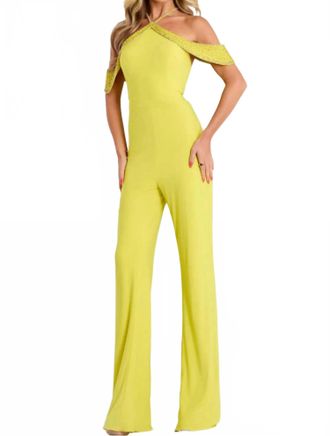 Jovani Halter Neck With Embellished Off-Shoulder Straps Jumpsuit - Style 44312 In Yellow