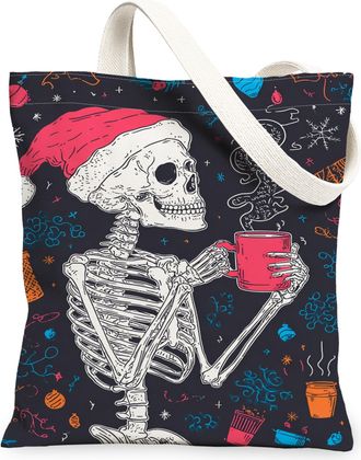Generic Christmas Skeleton Canvas Tote Bags, Festive Skull Design Reusable Grocery Bags, Lightweight Washable Shoulder Strap Canvas, Black, 13x15 Inch