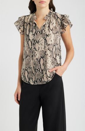 Anne Klein Snake Print Ruffled Sleeve Tied Neck Top in Latte Multi at Nordstrom, Size X-Small