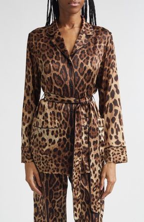 Dolce & Gabbana Leopard Print Satin Blouse in Hy13M Leo New at Nordstrom, Size 10 Us