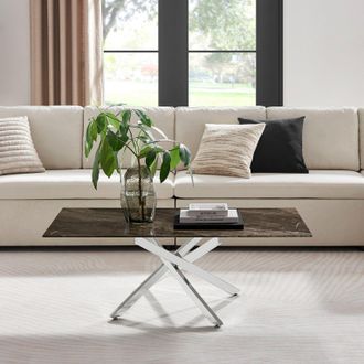 Furniturebox Leonardo Rectangular Marble Effect Glass Top Coffee Table With Silver Metal Starburst Legs in Grey
