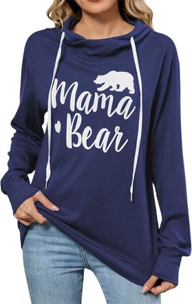 Generic Womens Mama Bear Print Cowl Neck Hooded Sweatshirt Drawstring Pullover Top