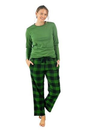 Leveret Womens Cotton Top & Flannel Pants Printed Holiday Pajama Set in Plaid Black & Green at Nordstrom, Size 6X-Large