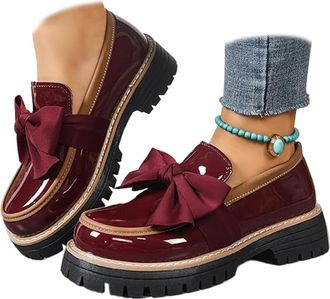 Generic Womens Patent Bowknot Thick Sole Loafers - Platform Round Toe Slip-On Shoes, Chunky Heel Non-Slip Loafers for Women for Office Business Work Everyday 